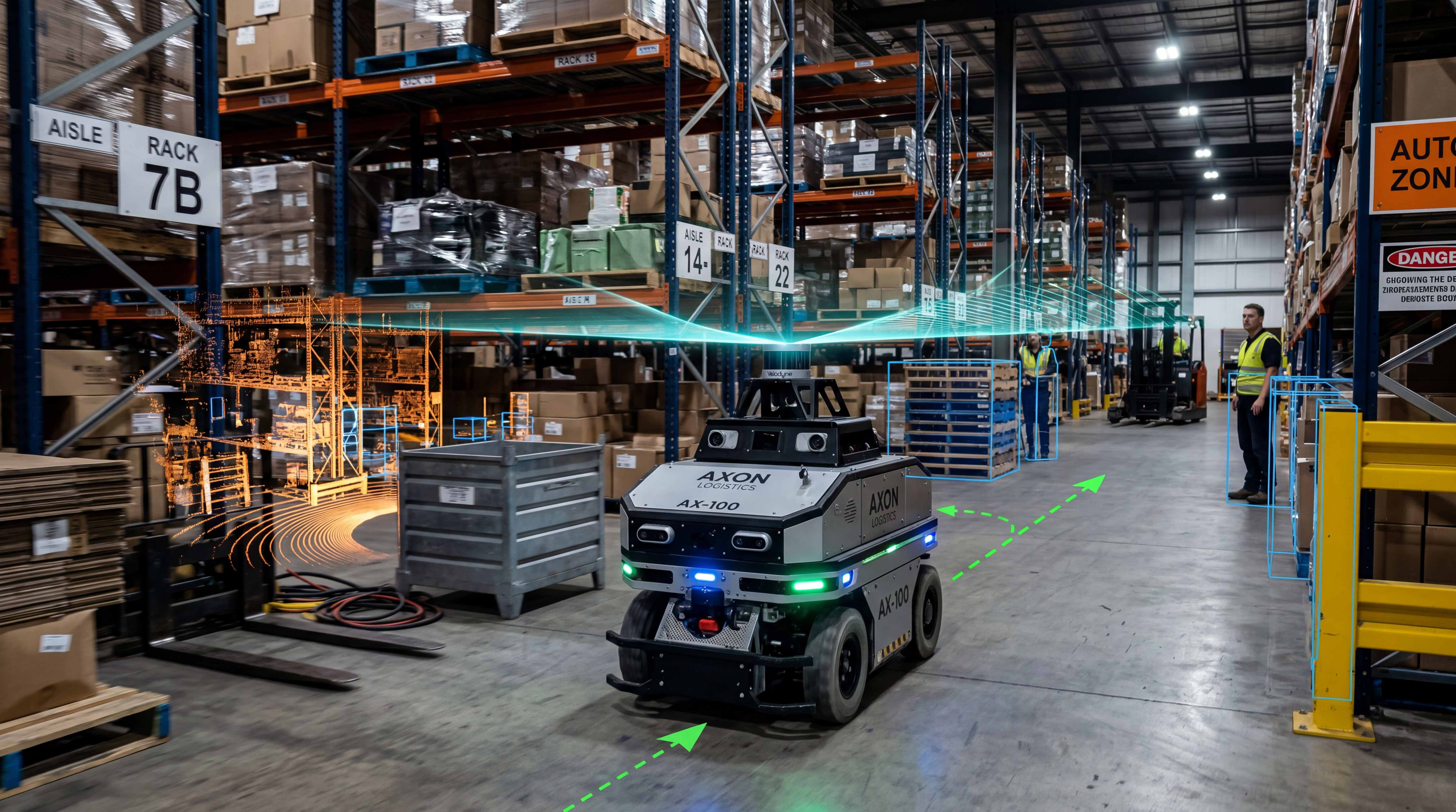 AMR using LiDAR perception to detect shelves, pallets and workers while navigating through warehouse aisles